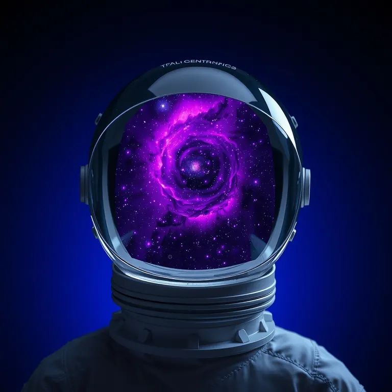 Astronaut helmet reflecting a swirling violet galaxy