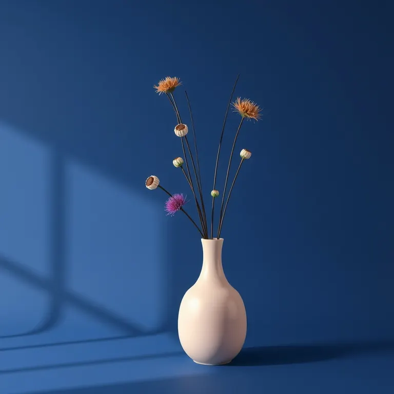 Dried flowers in a white vase against a blue backdrop