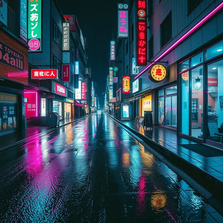 Neon-lit street reflected in wet pavement at night