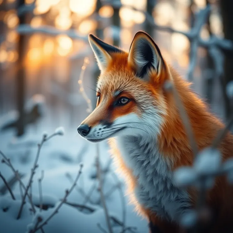 Red fox in a snowy forest at sunset